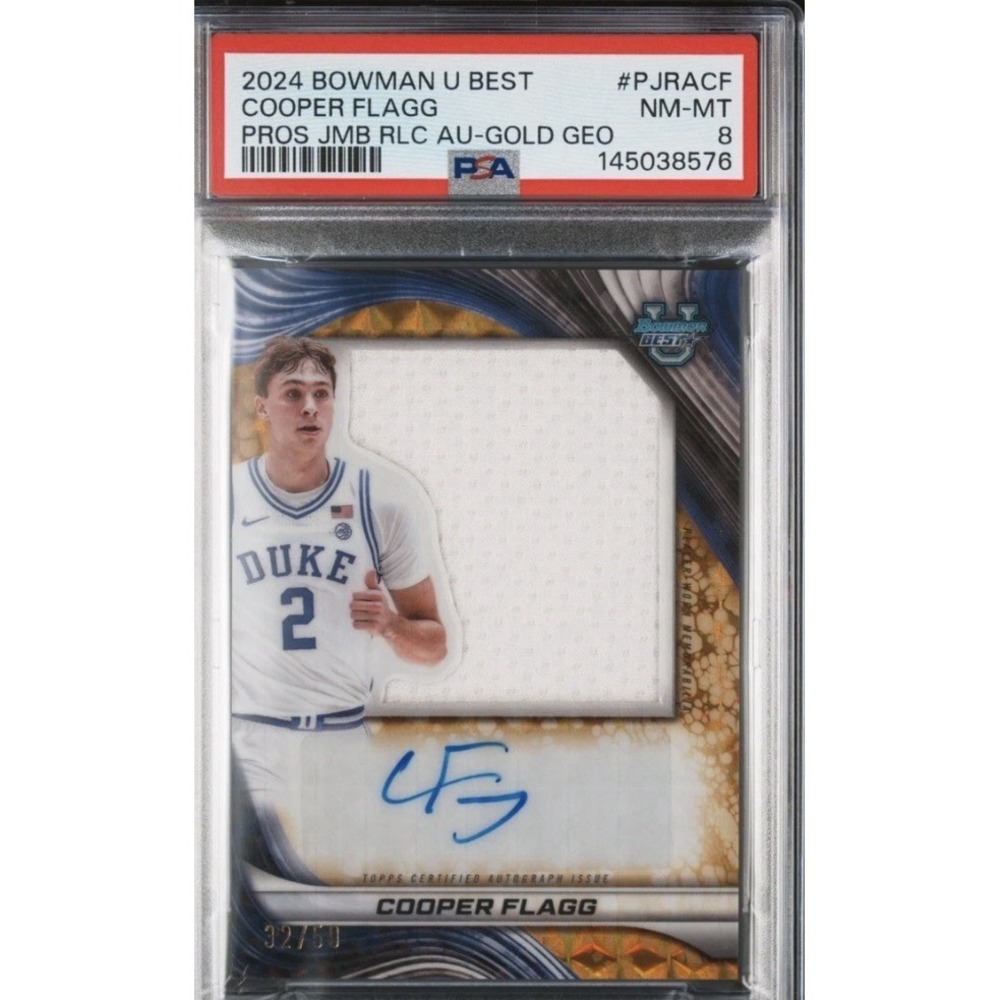 2024-25 Bowman Best U Cooper Flagg Jumbo Relic Auto Gold /50 PSA 8 PJRA-CF
